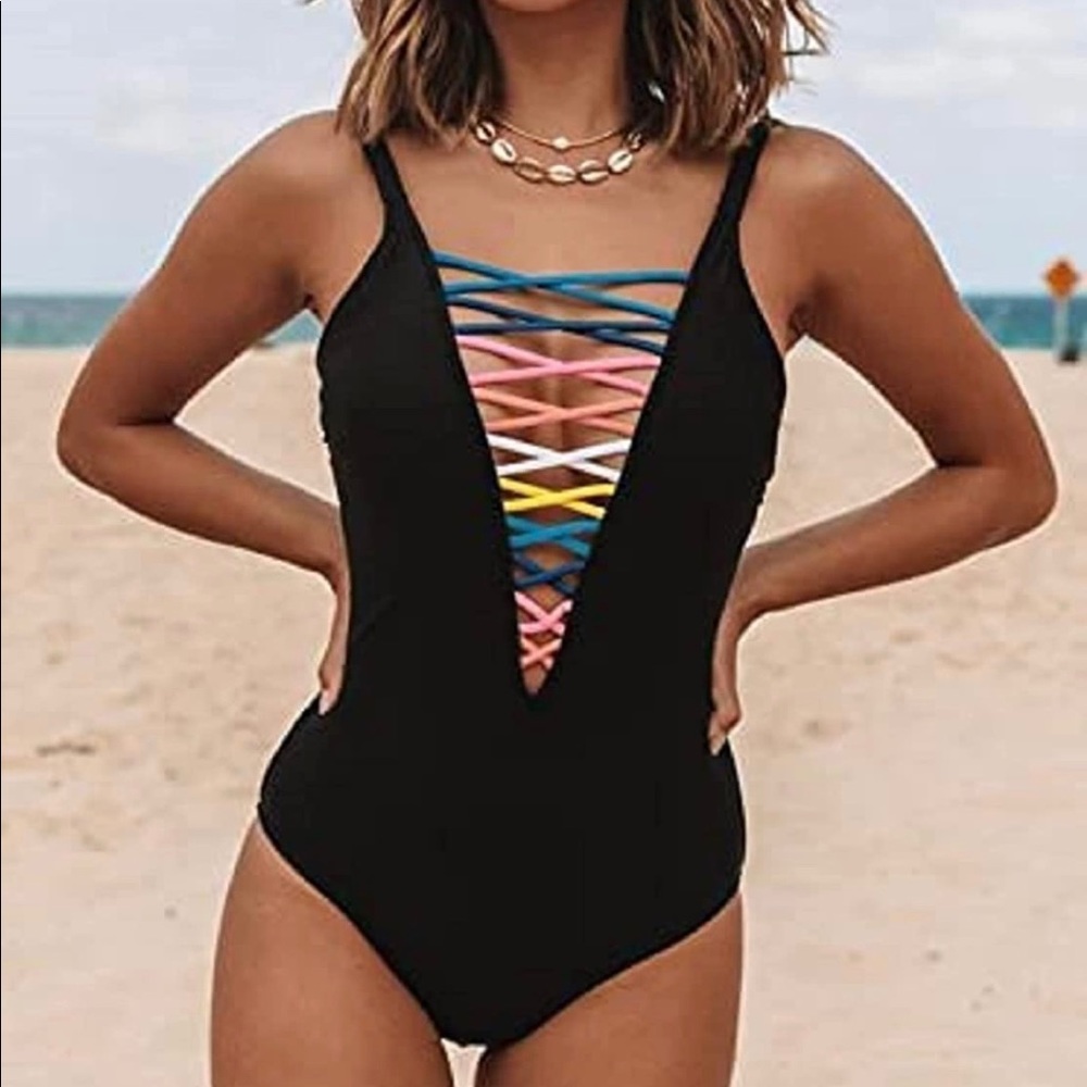 Rainbow lattice one piece swimsuit